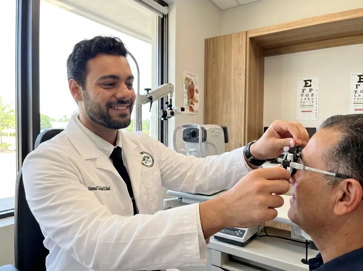 Dr. El-Ghali performing a comprehensive eye exam with a phoropter in our bright Oxnard clinic